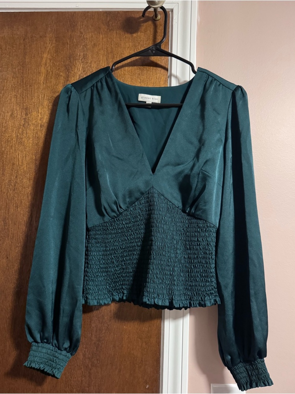 Worn Once: Sz Small Gianni Bini Hunter Green Smocked V Neck Blouse Top